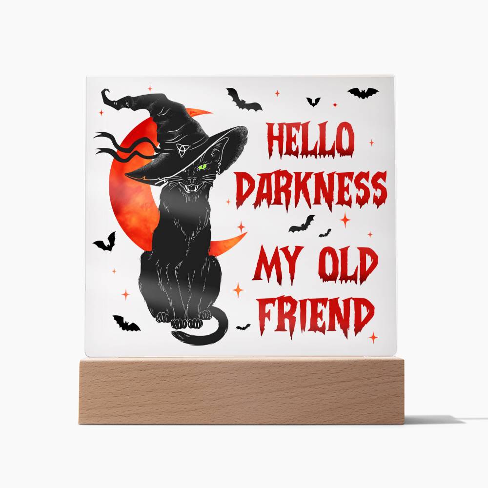 Hello Darkness My Old Friend - Halloween-Themed Acrylic Display Centerpiece (Cat in witch's hat version)