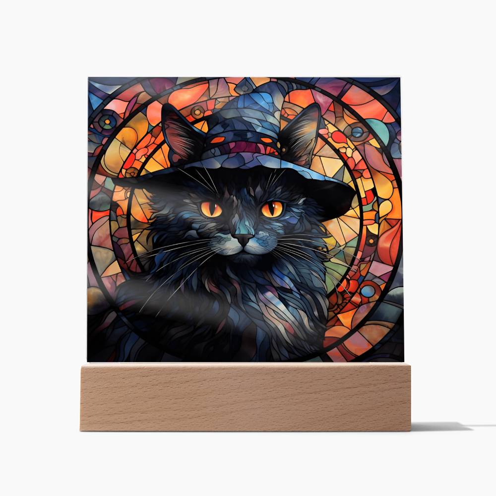 Black Cat Stained Glass Halloween-Themed Acrylic Display Centerpiece