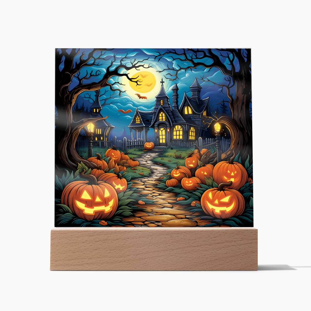 Haunted House Stained Glass Halloween-Themed Acrylic Display Centerpiece
