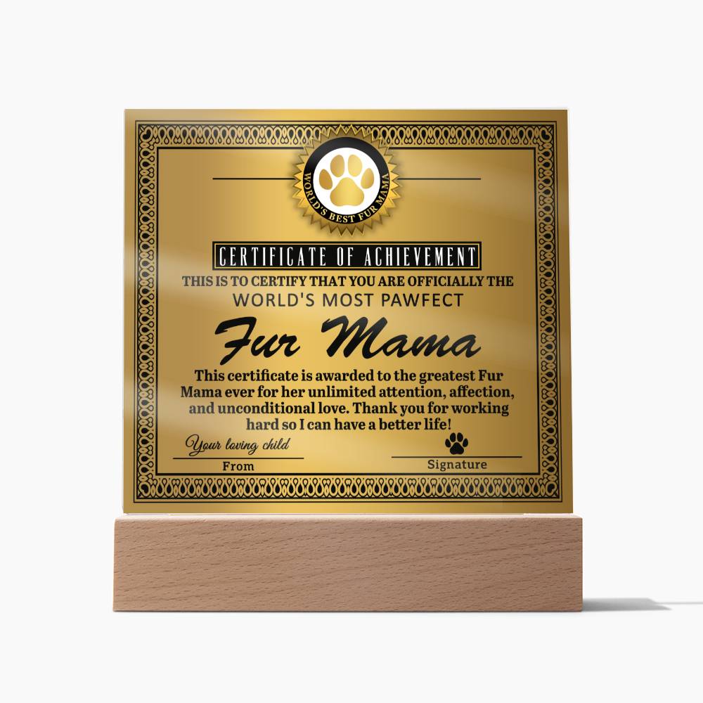 Certificate Of Achievement - Acrylic Display Centerpiece For Fur Mama