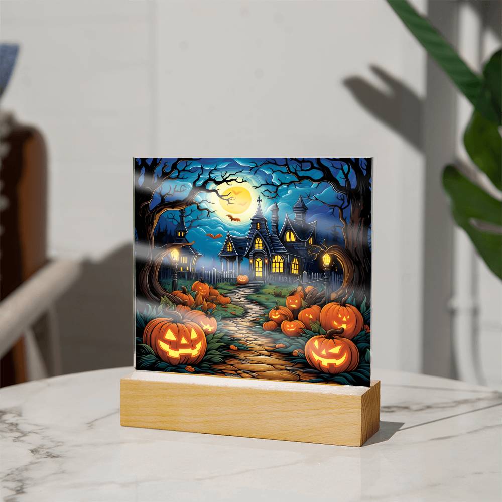 Haunted House Stained Glass Halloween-Themed Acrylic Display Centerpiece