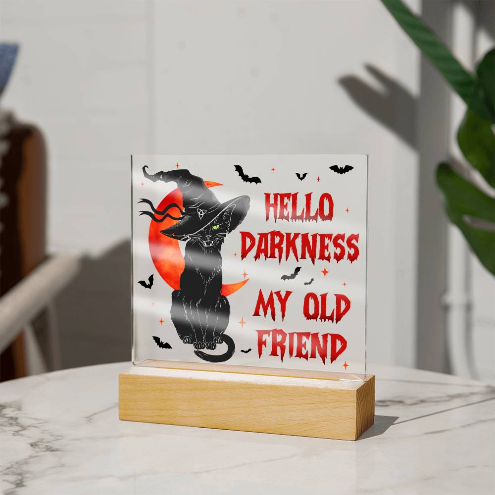 Hello Darkness My Old Friend - Halloween-Themed Acrylic Display Centerpiece (Cat in witch's hat version)