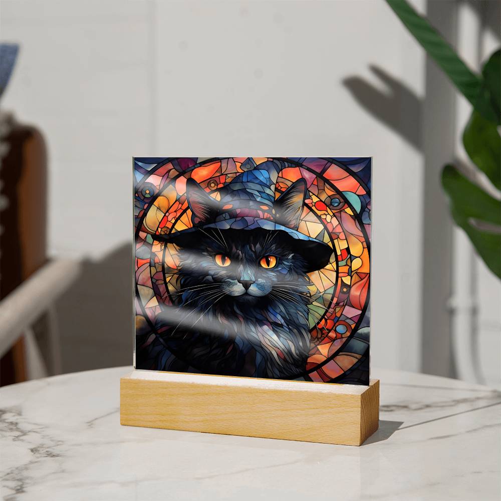 Black Cat Stained Glass Halloween-Themed Acrylic Display Centerpiece