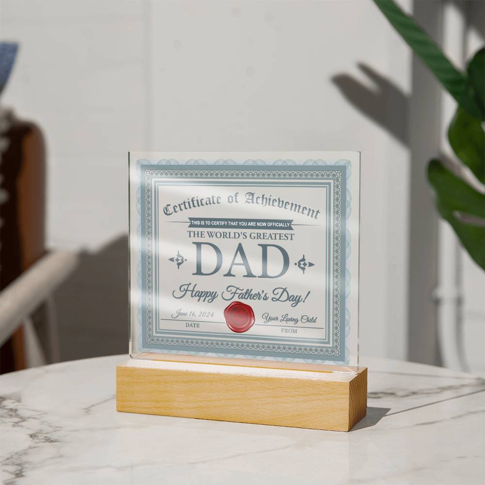 Father's Day Certificate - Acrylic Display Centerpiece For Dad