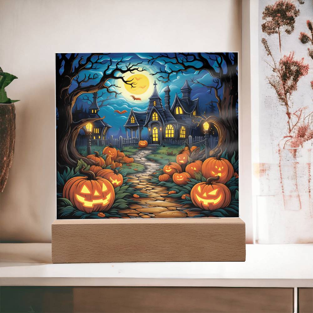 Haunted House Stained Glass Halloween-Themed Acrylic Display Centerpiece