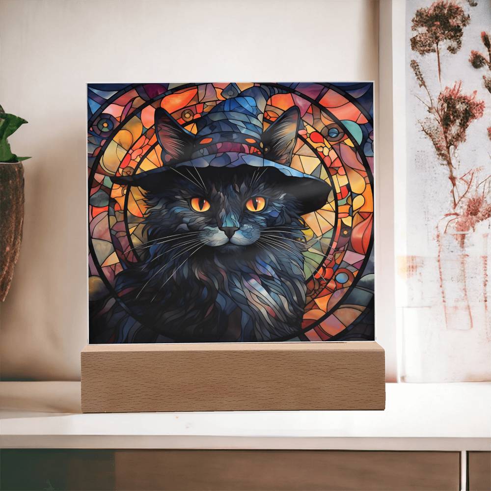 Black Cat Stained Glass Halloween-Themed Acrylic Display Centerpiece