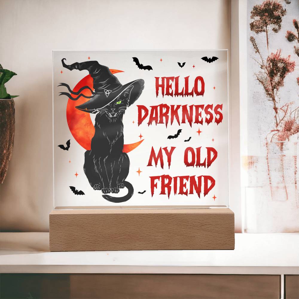 Hello Darkness My Old Friend - Halloween-Themed Acrylic Display Centerpiece (Cat in witch's hat version)