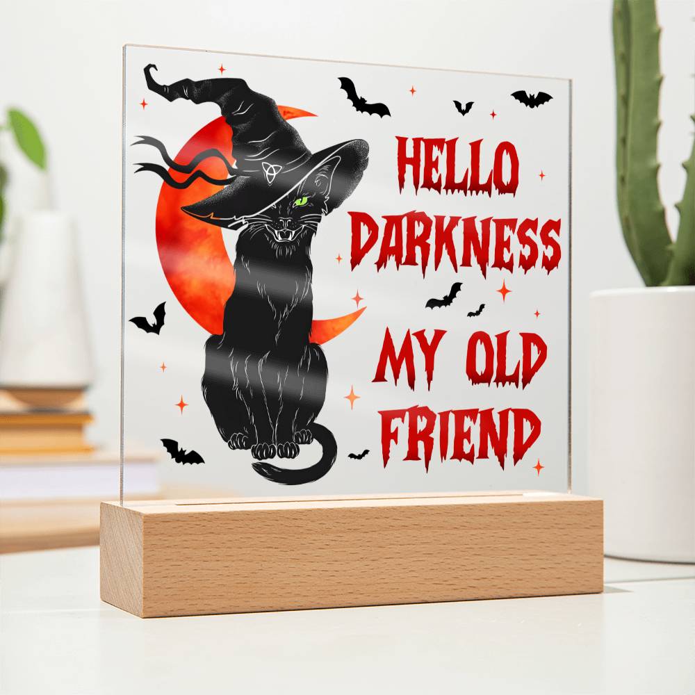 Hello Darkness My Old Friend - Halloween-Themed Acrylic Display Centerpiece (Cat in witch's hat version)