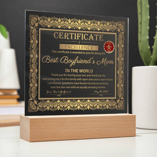 Best Boyfriend's Mom Certificate - Acrylic Display Centerpiece For Boyfriend's Mom