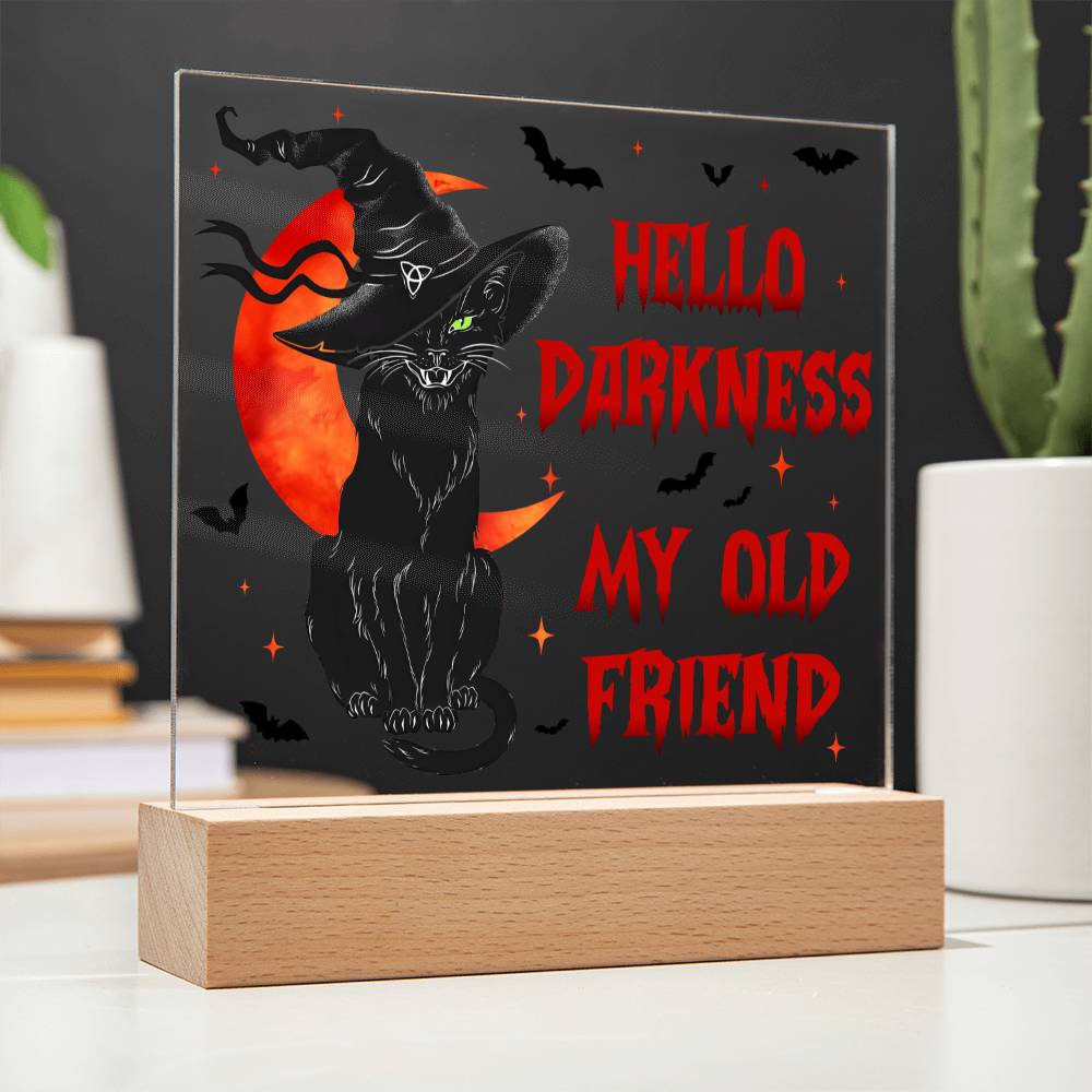 Hello Darkness My Old Friend - Halloween-Themed Acrylic Display Centerpiece (Cat in witch's hat version)