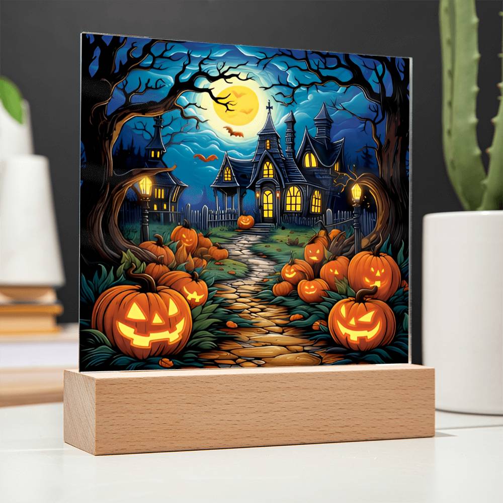 Haunted House Stained Glass Halloween-Themed Acrylic Display Centerpiece