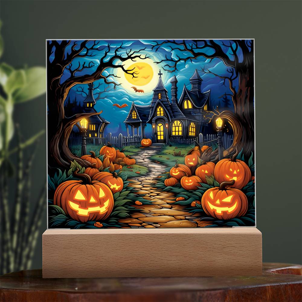 Haunted House Stained Glass Halloween-Themed Acrylic Display Centerpiece