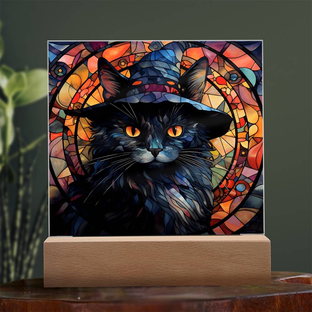 Black Cat Stained Glass Halloween-Themed Acrylic Display Centerpiece