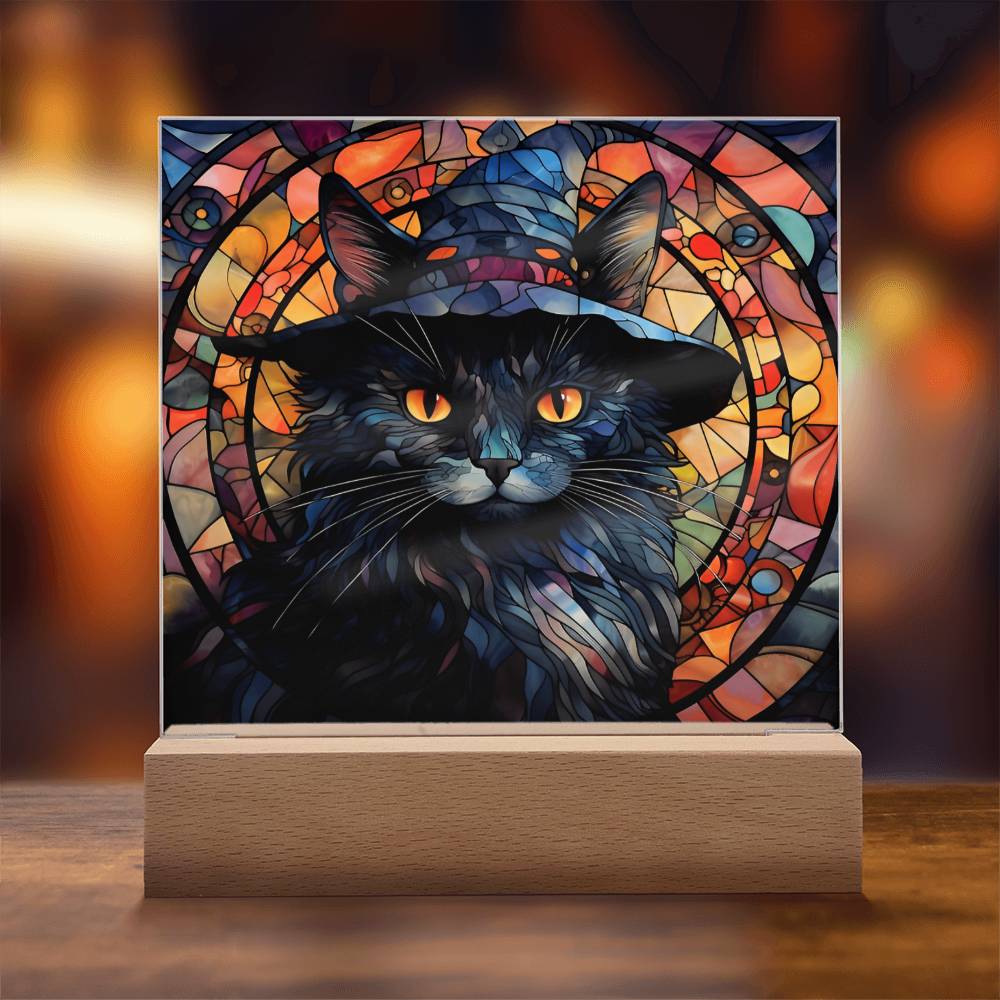 Black Cat Stained Glass Halloween-Themed Acrylic Display Centerpiece