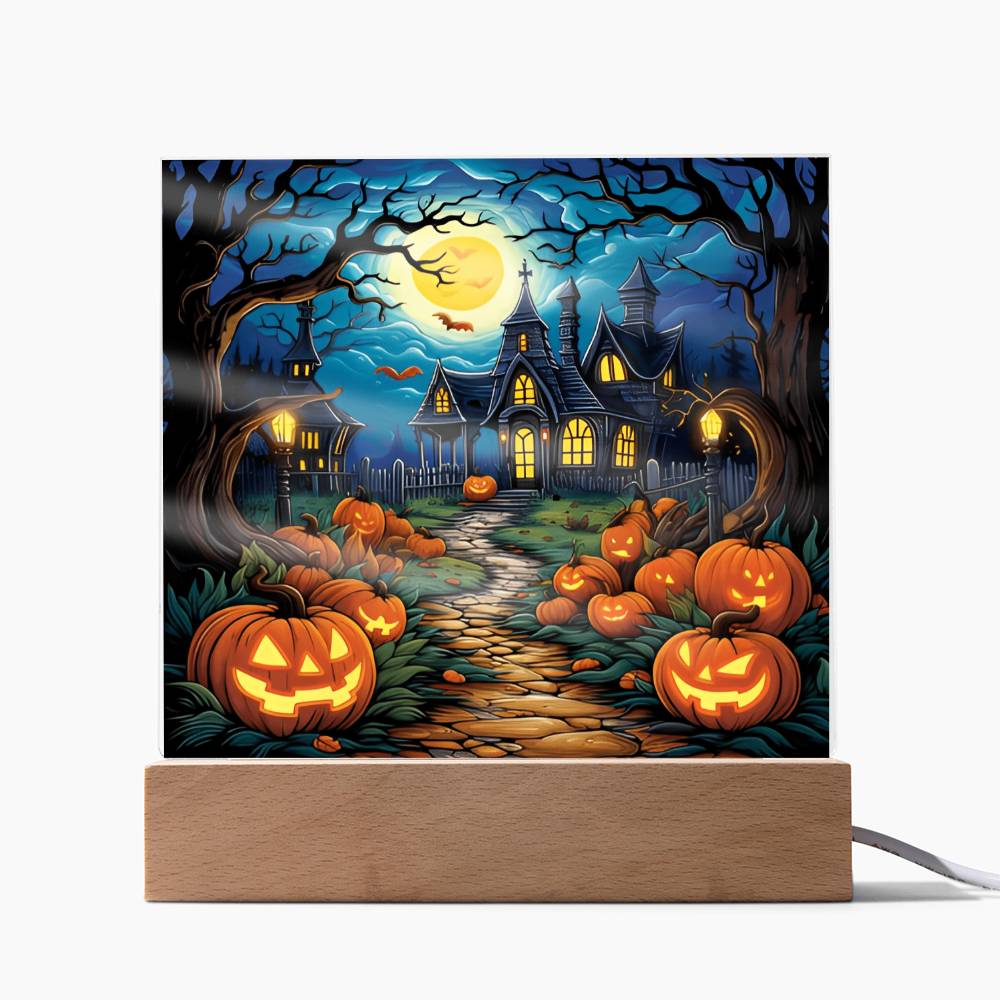 Haunted House Stained Glass Halloween-Themed Acrylic Display Centerpiece