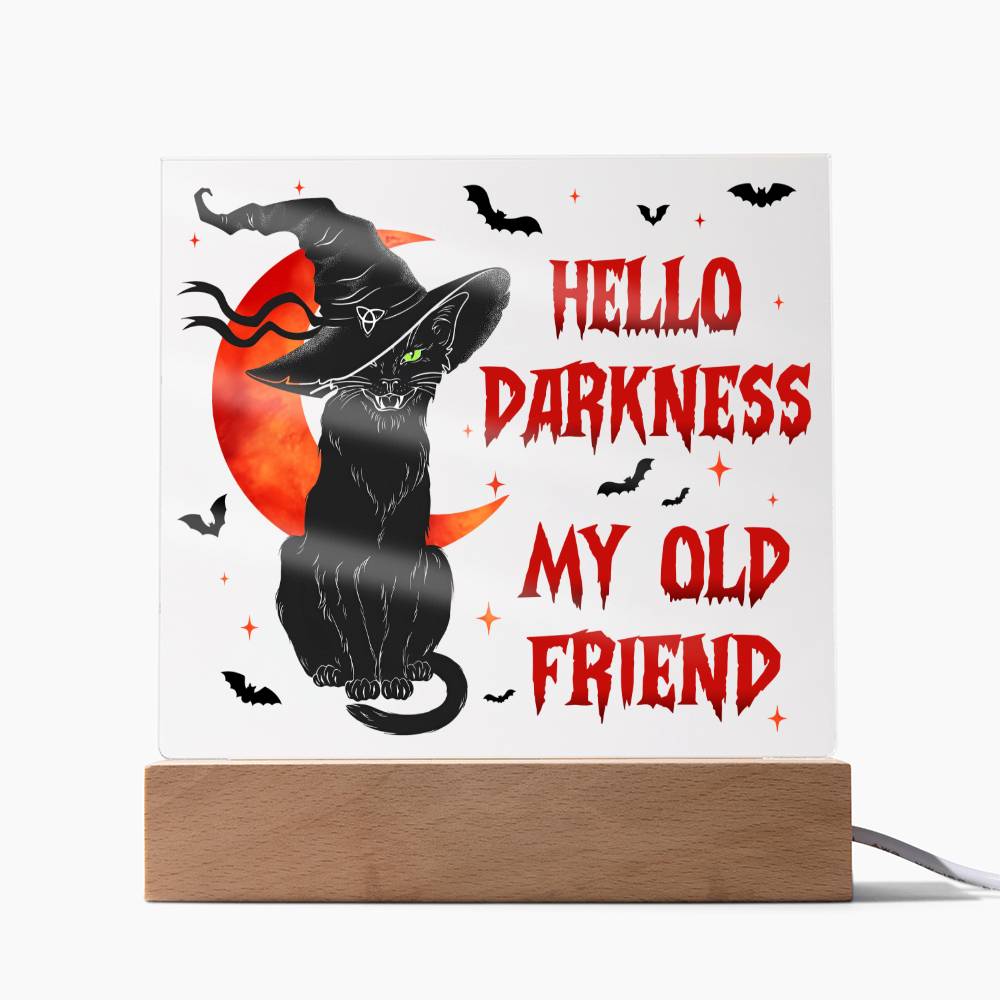 Hello Darkness My Old Friend - Halloween-Themed Acrylic Display Centerpiece (Cat in witch's hat version)