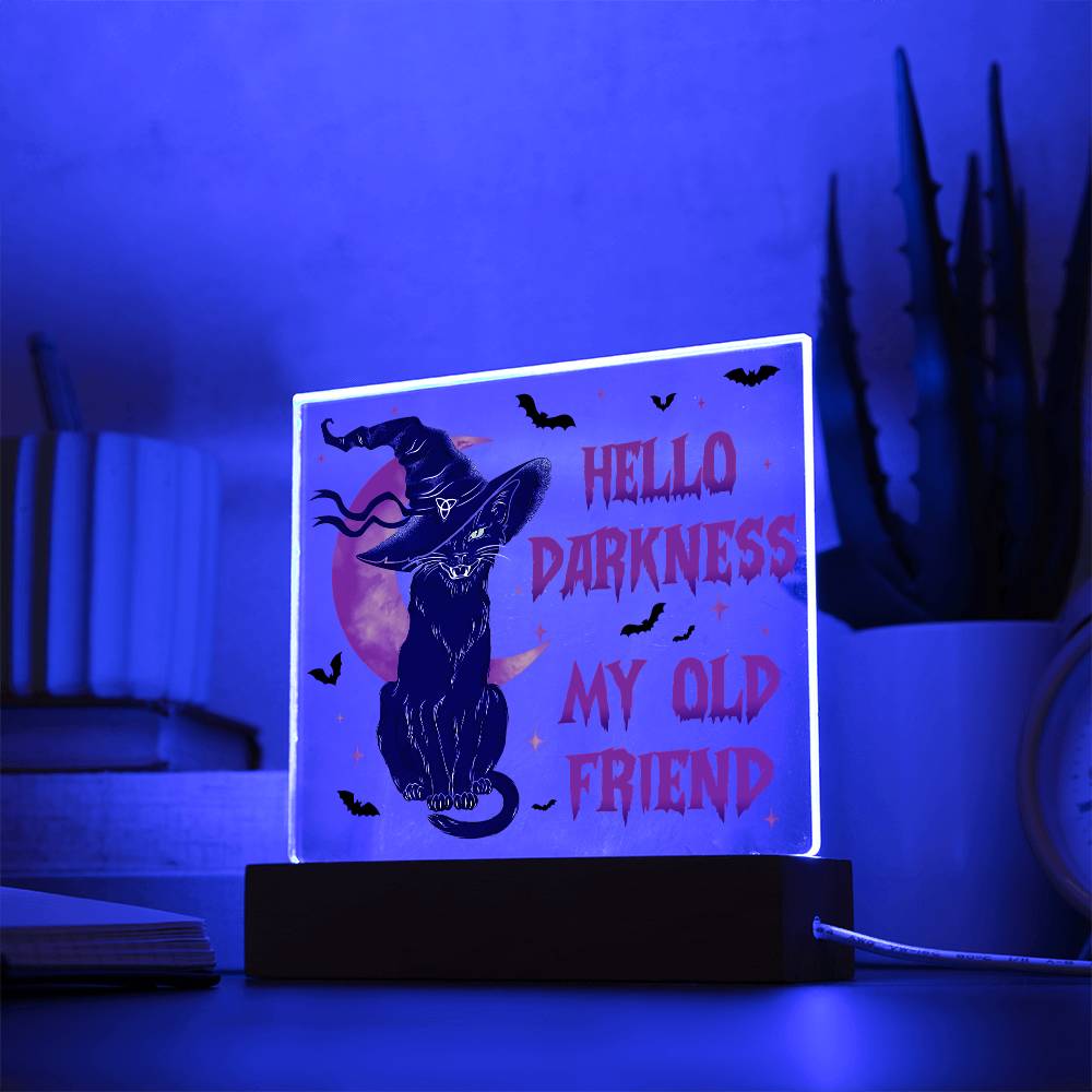 Hello Darkness My Old Friend - Halloween-Themed Acrylic Display Centerpiece (Cat in witch's hat version)