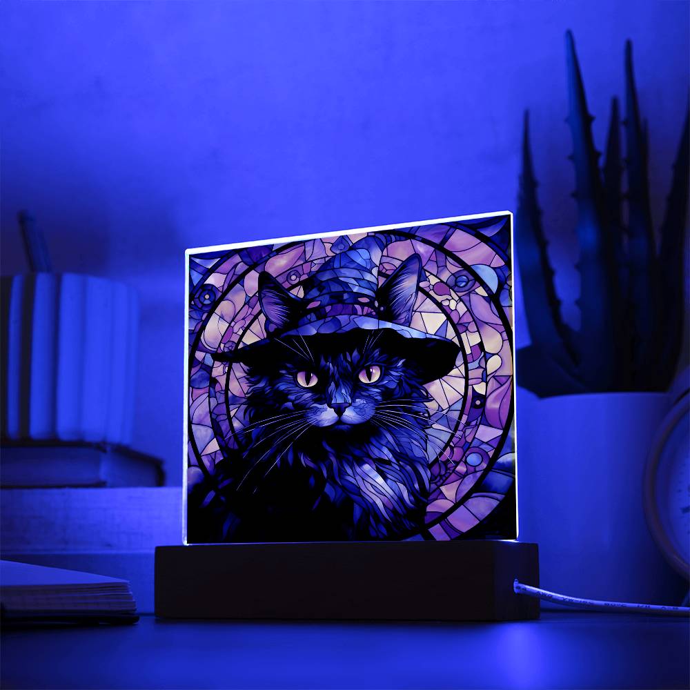 Black Cat Stained Glass Halloween-Themed Acrylic Display Centerpiece