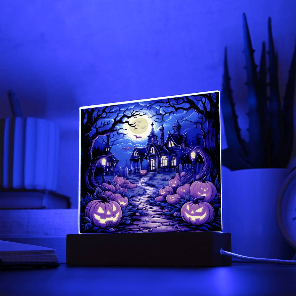Haunted House Stained Glass Halloween-Themed Acrylic Display Centerpiece