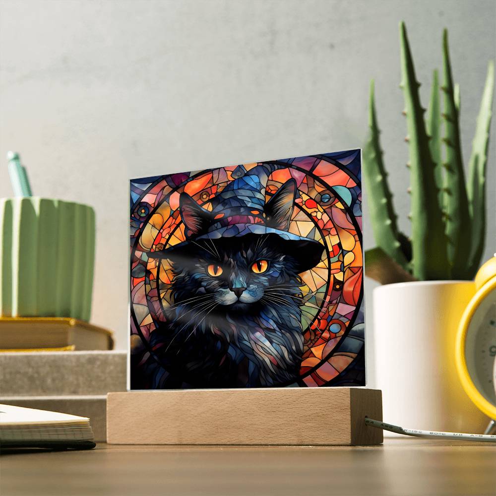 Black Cat Stained Glass Halloween-Themed Acrylic Display Centerpiece