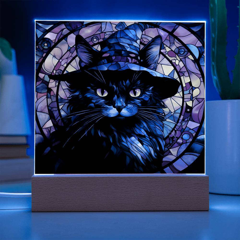 Black Cat Stained Glass Halloween-Themed Acrylic Display Centerpiece