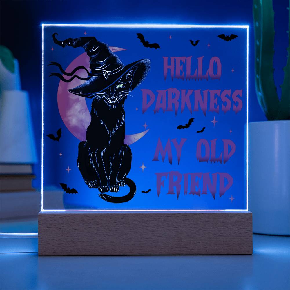 Hello Darkness My Old Friend - Halloween-Themed Acrylic Display Centerpiece (Cat in witch's hat version)