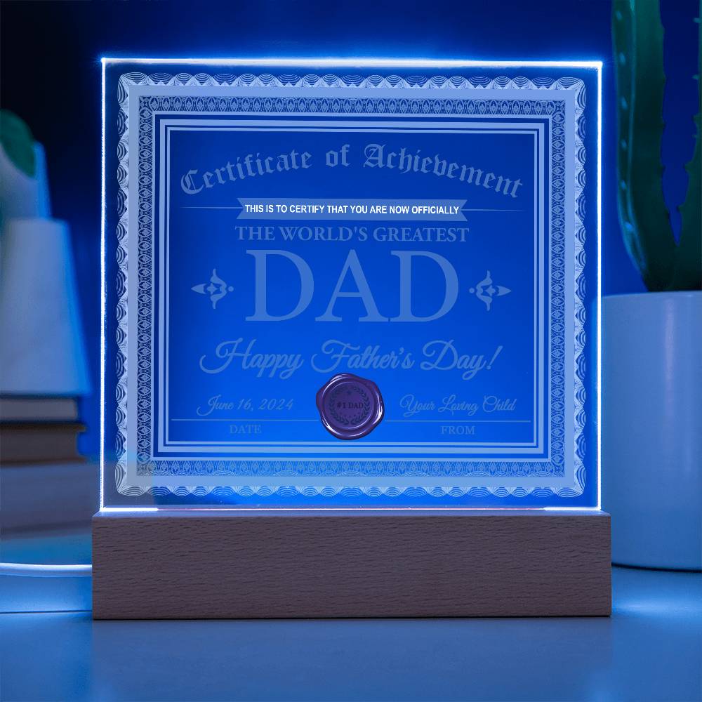 Father's Day Certificate - Acrylic Display Centerpiece For Dad