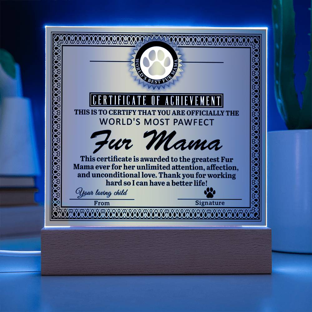 Certificate Of Achievement - Acrylic Display Centerpiece For Fur Mama