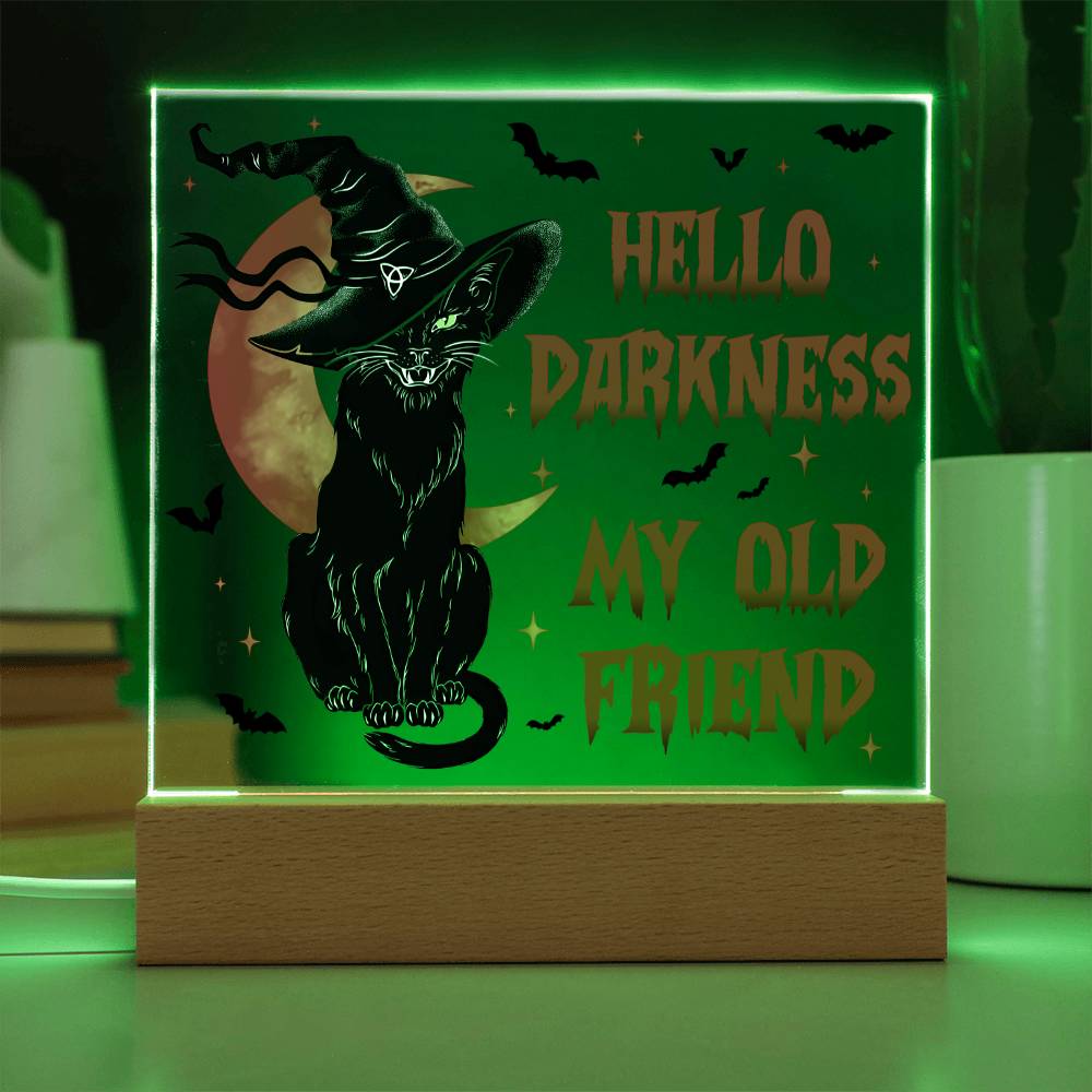 Hello Darkness My Old Friend - Halloween-Themed Acrylic Display Centerpiece (Cat in witch's hat version)