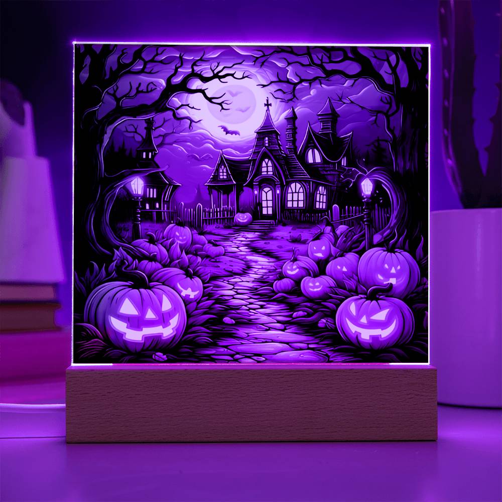 Haunted House Stained Glass Halloween-Themed Acrylic Display Centerpiece