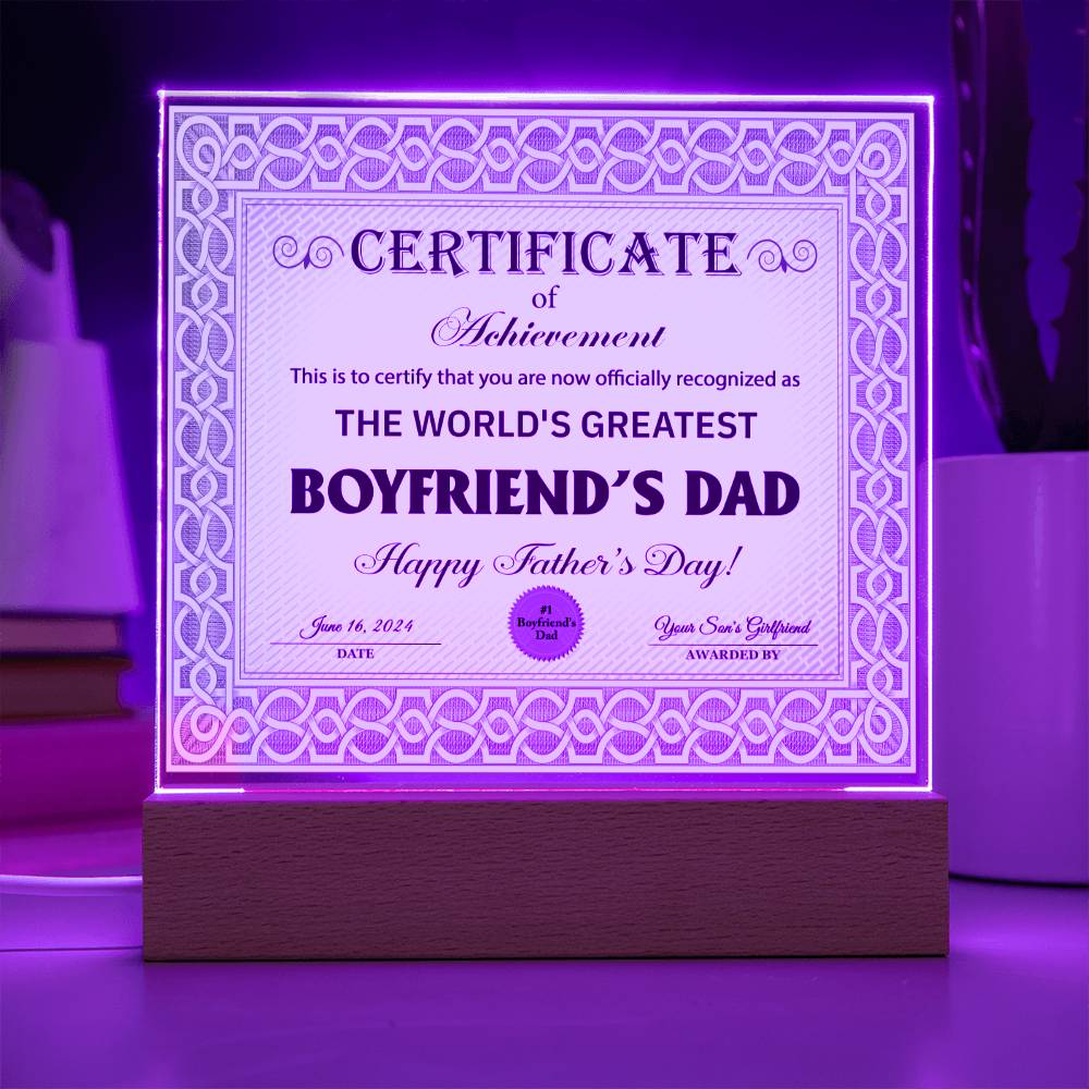 Certificate Of Achievement - Acrylic Display Centerpiece For Boyfriend's Dad