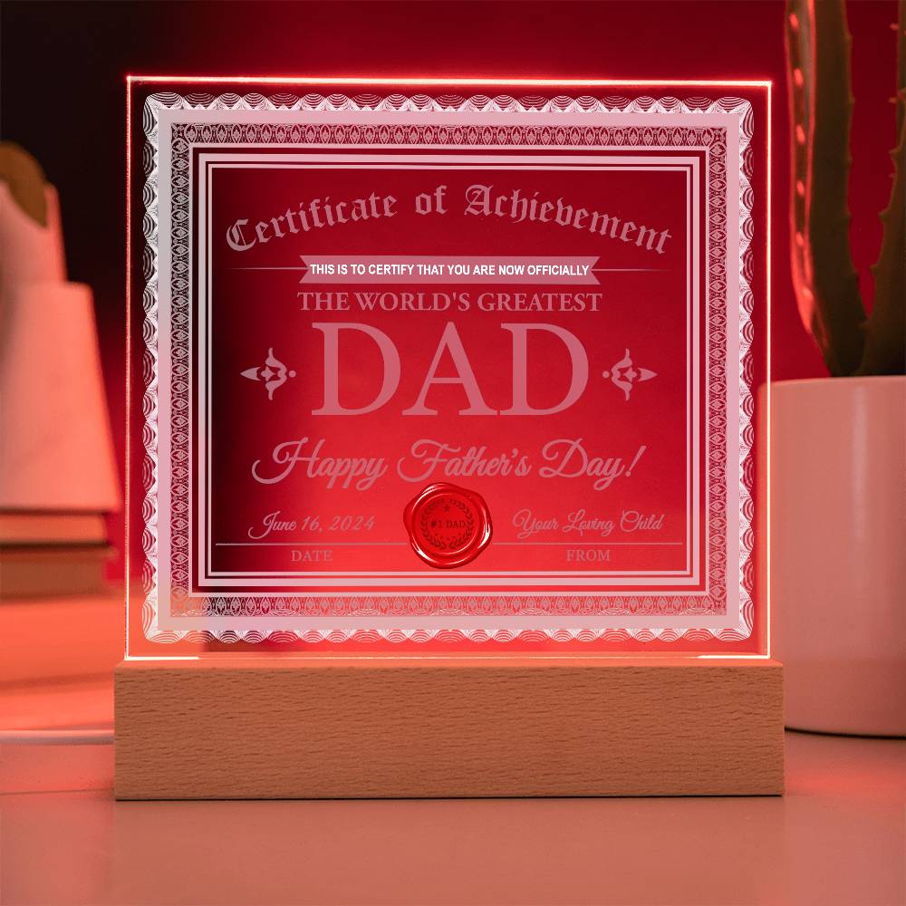 Father's Day Certificate - Acrylic Display Centerpiece For Dad