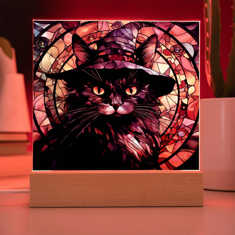 Black Cat Stained Glass Halloween-Themed Acrylic Display Centerpiece