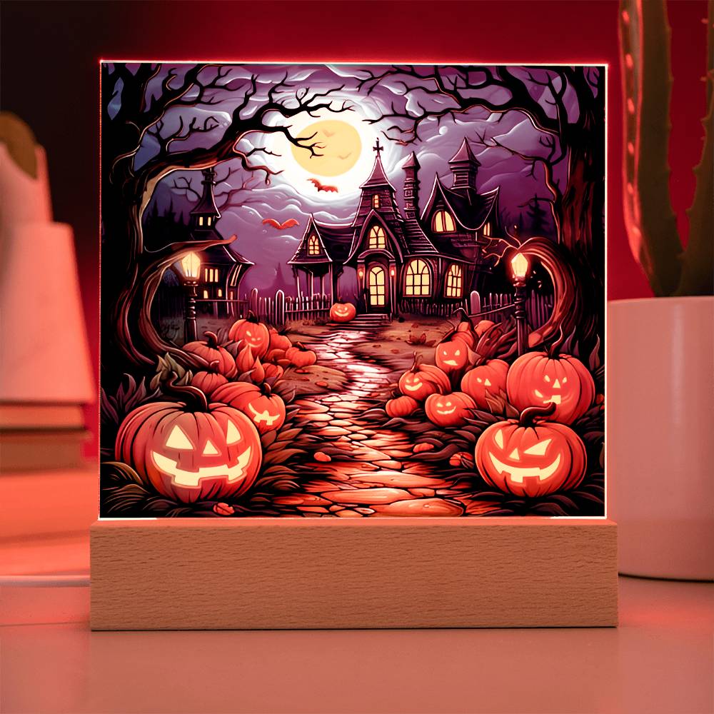 Haunted House Stained Glass Halloween-Themed Acrylic Display Centerpiece