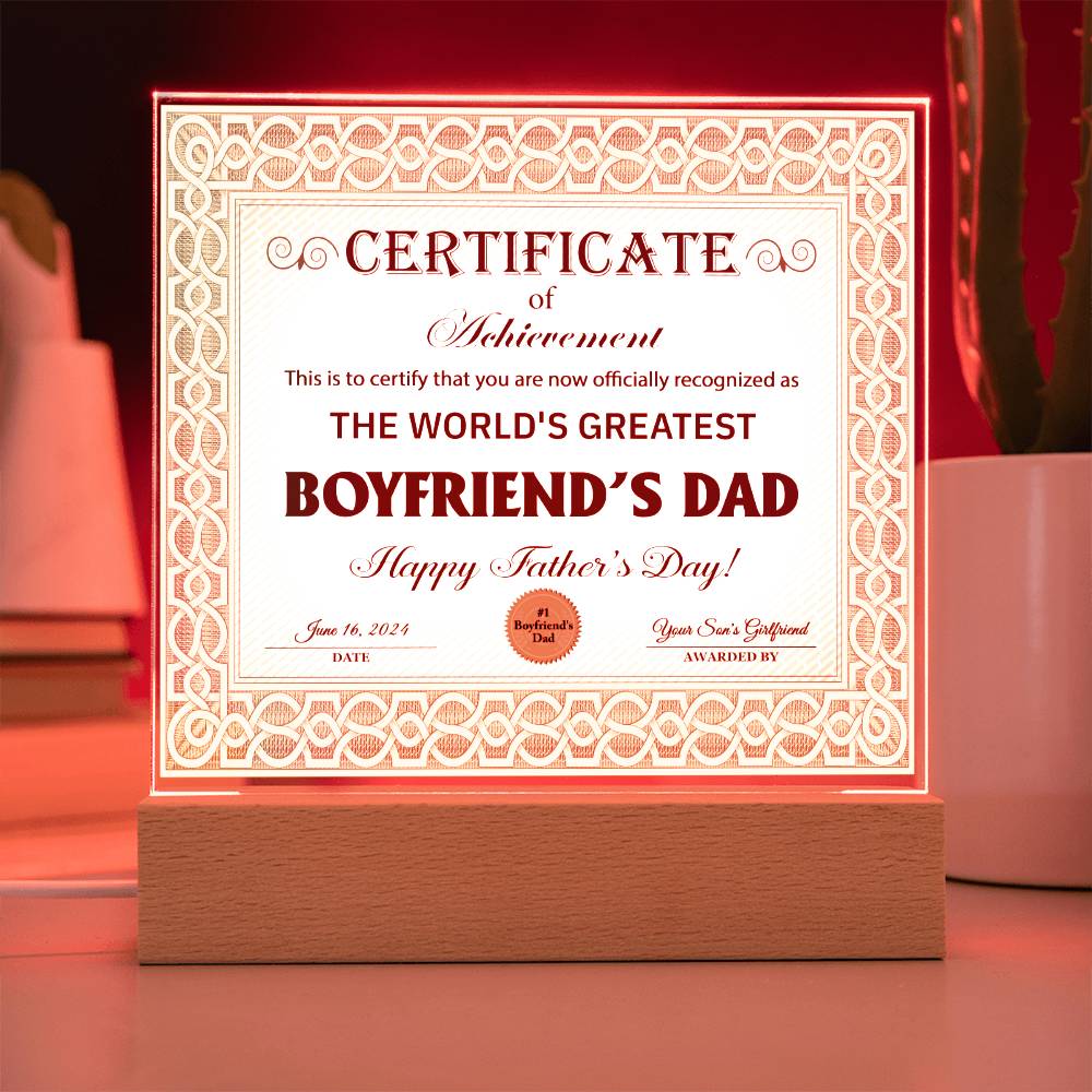 Certificate Of Achievement - Acrylic Display Centerpiece For Boyfriend's Dad