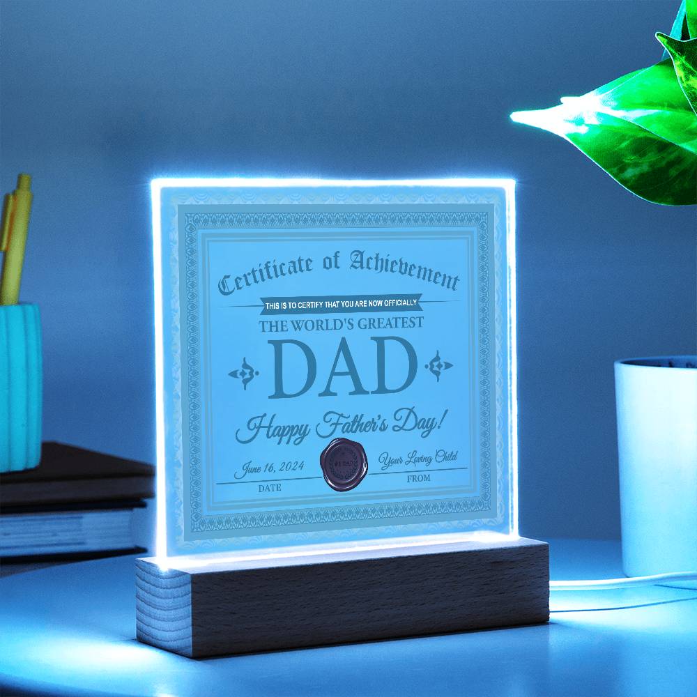 Father's Day Certificate - Acrylic Display Centerpiece For Dad