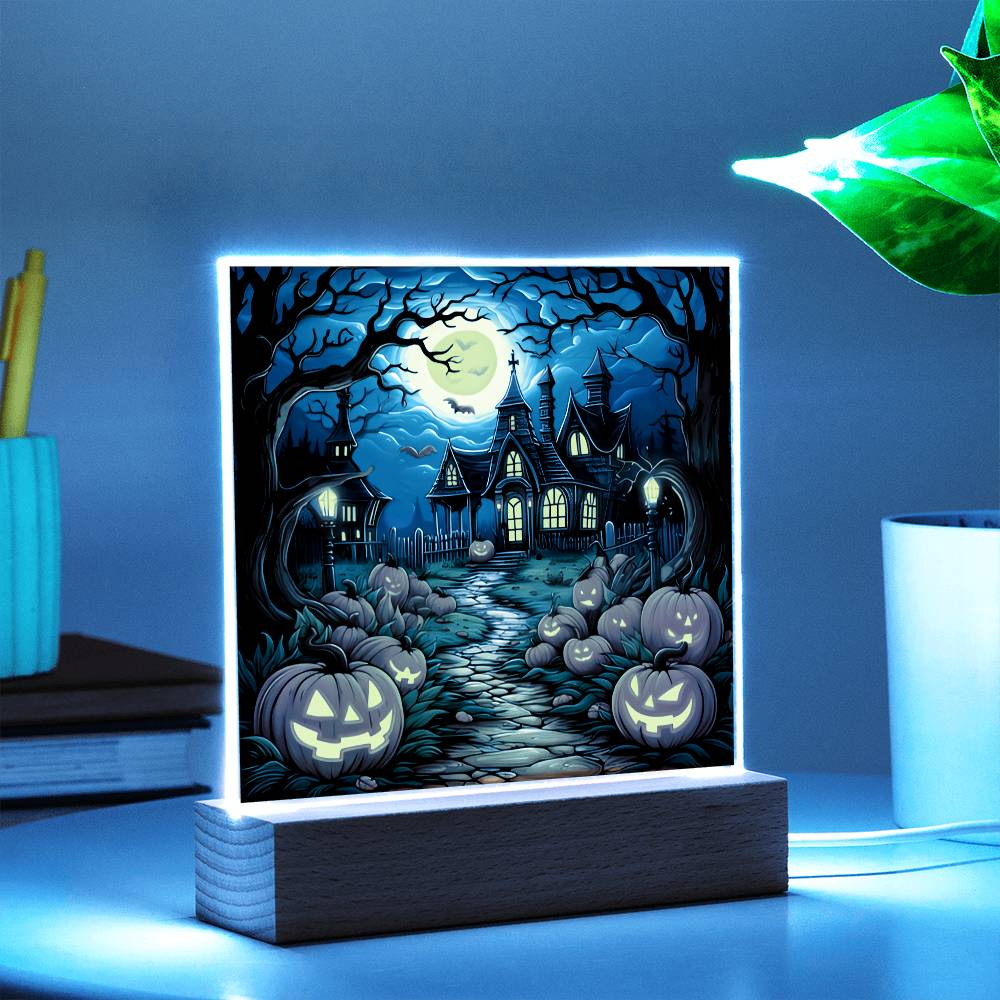 Haunted House Stained Glass Halloween-Themed Acrylic Display Centerpiece