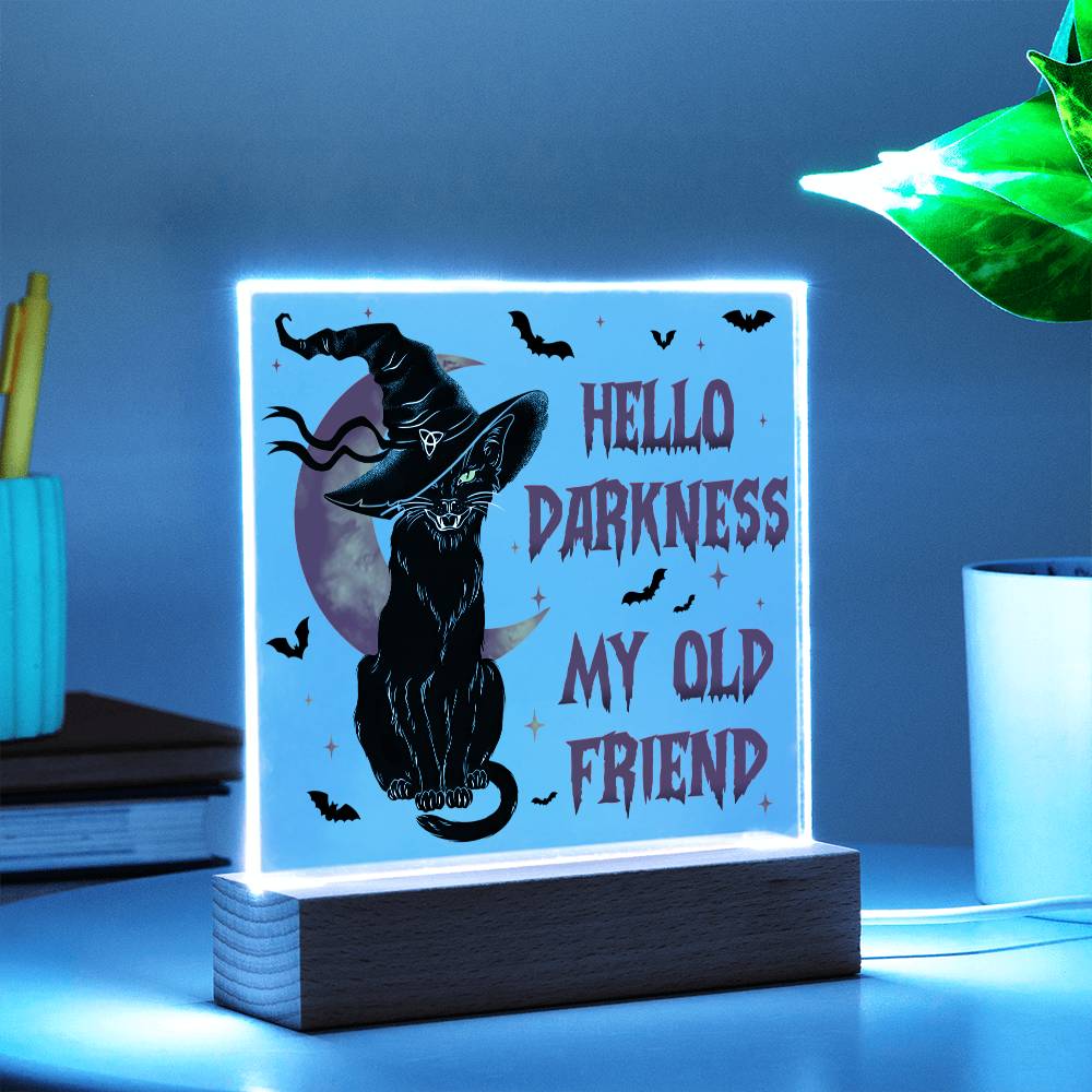 Hello Darkness My Old Friend - Halloween-Themed Acrylic Display Centerpiece (Cat in witch's hat version)