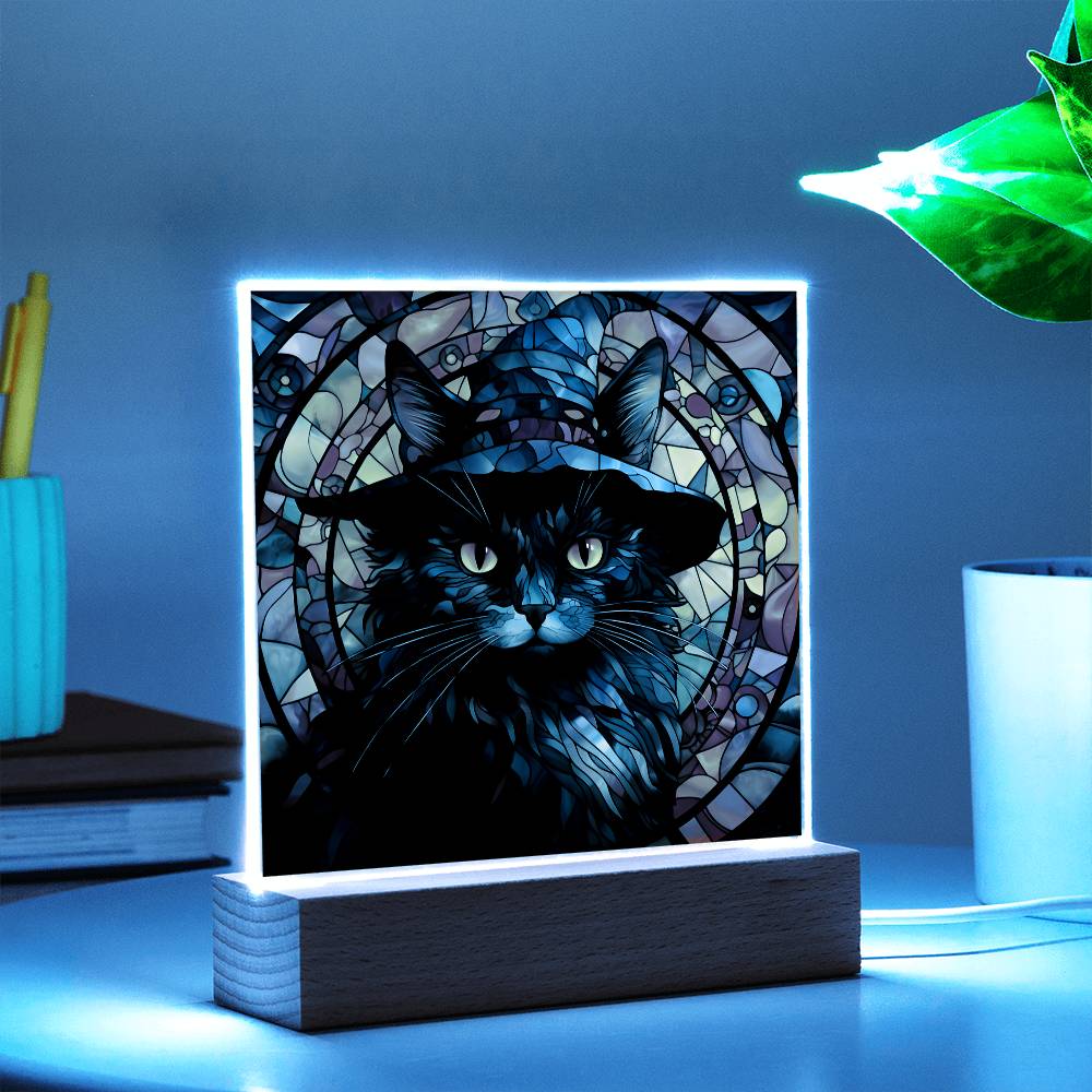 Black Cat Stained Glass Halloween-Themed Acrylic Display Centerpiece
