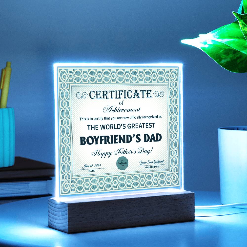 Certificate Of Achievement - Acrylic Display Centerpiece For Boyfriend's Dad