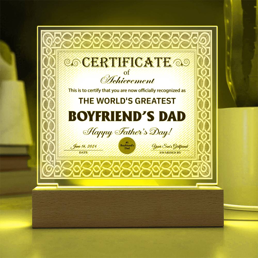 Certificate Of Achievement - Acrylic Display Centerpiece For Boyfriend's Dad
