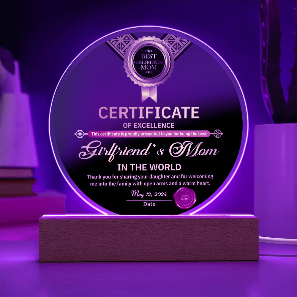 Certificate Of Excellence - Circle Acrylic Display Centerpiece For Girlfriend's Mom