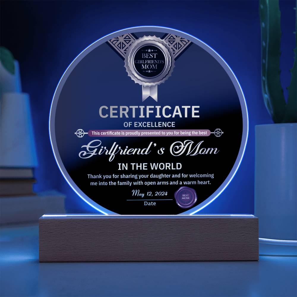 Certificate Of Excellence - Circle Acrylic Display Centerpiece For Girlfriend's Mom