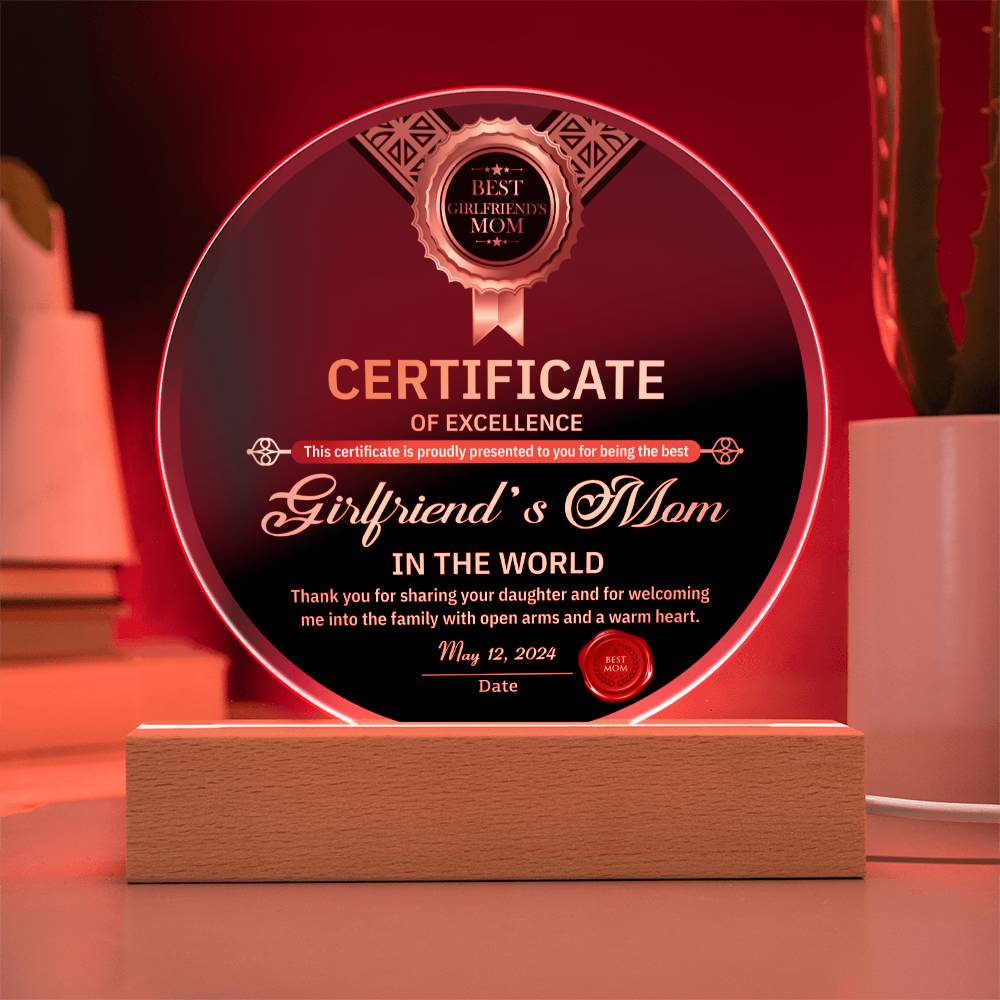 Certificate Of Excellence - Circle Acrylic Display Centerpiece For Girlfriend's Mom