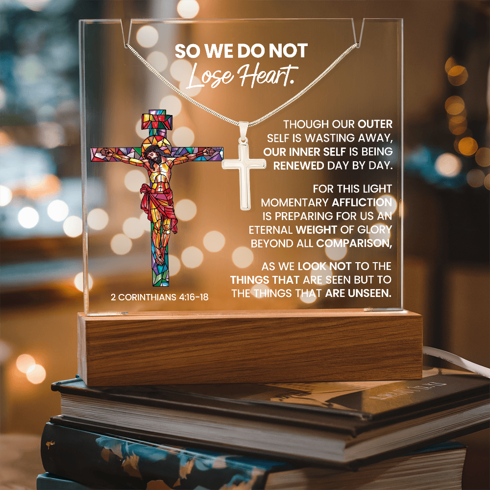 Renewed Hope Acrylic & Cross Gift Set (Acrylic Plaque & Unisex Artisan Cross Necklace Bundle)