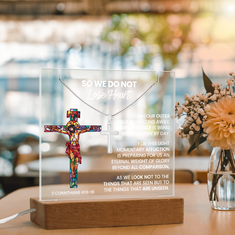 Renewed Hope Acrylic & Cross Gift Set (Acrylic Plaque & Unisex Artisan Cross Necklace Bundle)