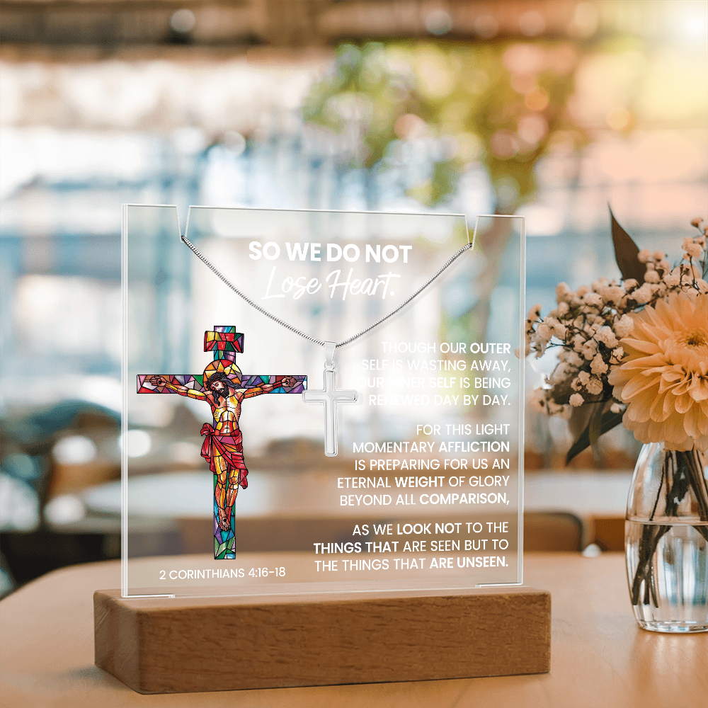 Renewed Hope Acrylic & Cross Gift Set (Acrylic Plaque & Unisex Artisan Cross Necklace Bundle)