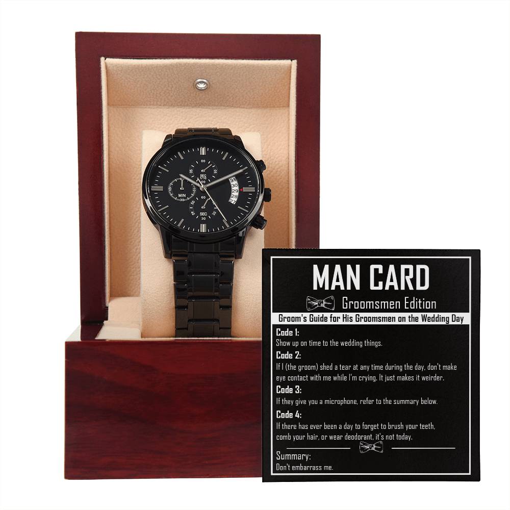 Man Card - Black Chronograph Watch For Groomsman