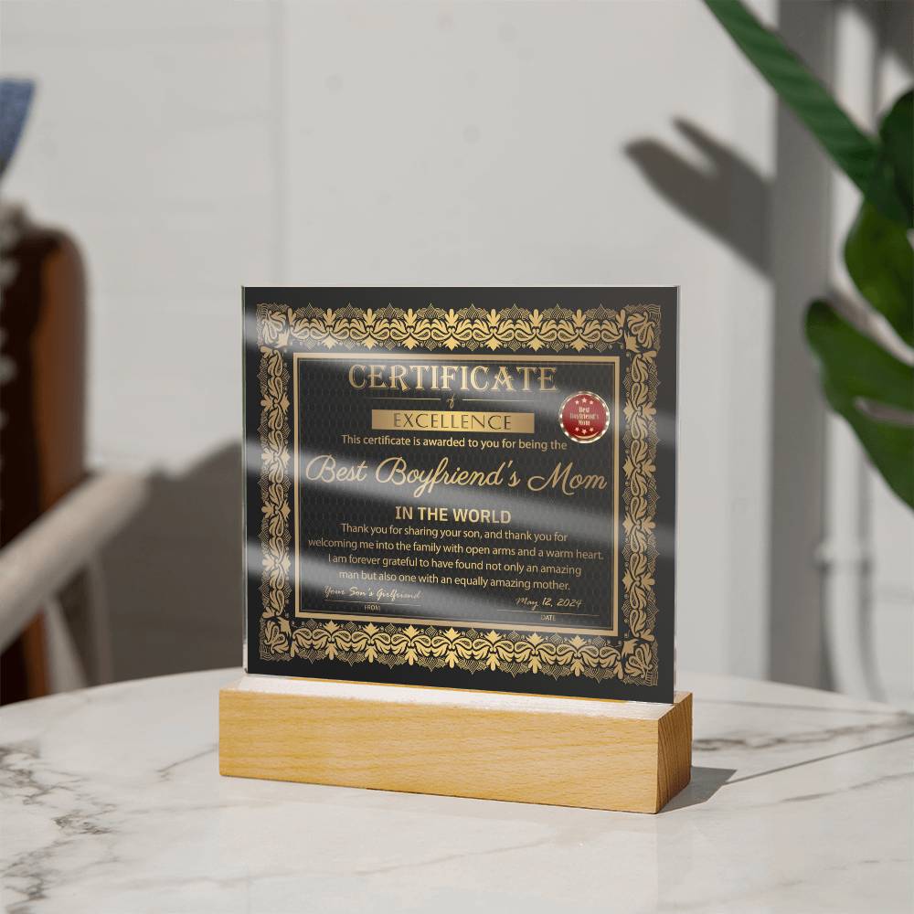 Best Boyfriend's Mom Certificate - Acrylic Display Centerpiece For Boyfriend's Mom