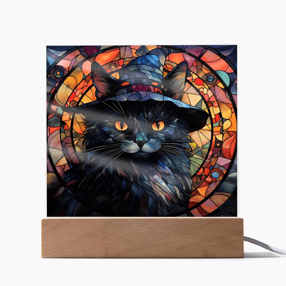 Black Cat Stained Glass Halloween-Themed Acrylic Display Centerpiece